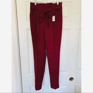 High Waisted Belted Paperbag Pant, Wine Red